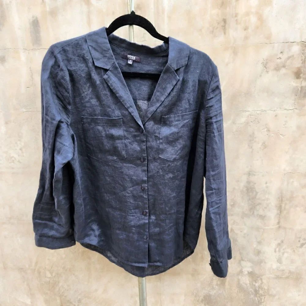 Nydj black washed linen button up shirt